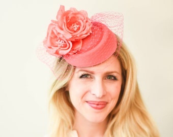 Fascinator Coral Kentucky Derby Hats Conservancy Luncheon Derby Party Famous Hat Luncheon Run for the Roses Wedding Headpiece Brides Prom