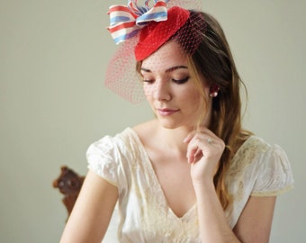 Red White & Blue Fascinator Hat, Derby Hat, Kentucky Derby Hat, Steeplechase Race Hat, Red Hat by Ruby and Cordelia's Millinery