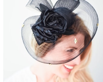 Black Fascinator Kentucky Derby Hat Central Park Famous Hat Luncheon Breeder's Cup Mother of the Bride Wedding Hat Derby Party Small Hat