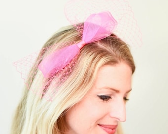 Pink Fascinator Headband Small Kentucky Derby Hat Mardi Gras Carnival Bridesmaids Luncheon Party Wedding Hair Prom Ivory White Black Red