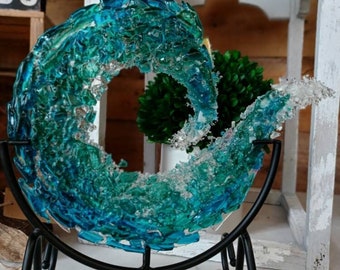 Beachwave, blue wave, glass sculpture,  fused glass wave, ocean décor, beach décor, iron stand, wave sculpture