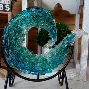 Beachwave, blue wave, glass sculpture,  fused glass wave, ocean décor, beach décor, iron stand, wave sculpture
