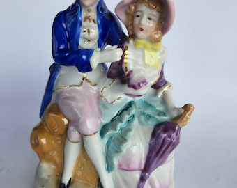 Vintage Porcelain, antique figurine, Japan, fired on 14K gold, Colonial man and woman,