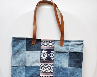 Denim tote with leather strap, farmers market shopping bag, upcycled fabric, jean bag, reusable bag