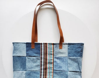 Denim Tote with leather strap, farmers market shopping bag, upcycled fabric, jean bag, reusable bag