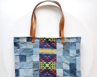 Denim tote with leather strap, farmers market shopping bag, upcycled fabric, jean bag, reusable bag, tote bag