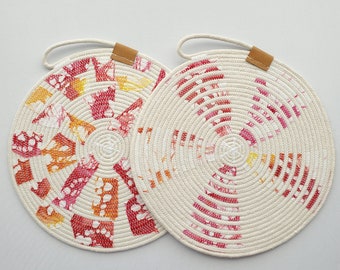 Red Tones Rope Trivet, placemat, hot pads, home decor, house warming gift, shabby chic, kitchen trivet, pink, yellow, red, orange, white