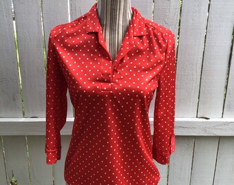 floral polka dot blouse red printed shirt medium 70s red psychedelic shirt red polka dot button down graphic western shirt