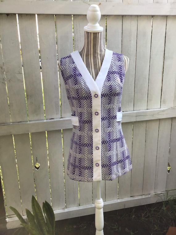 Vintage Polyester Mod Vest / 1960s Purple Suit Top