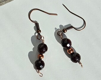 Garnet lightweight dangle earrings with copper accents