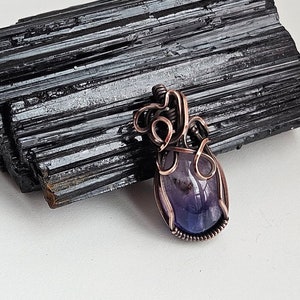 Amethyst necklace pendant wire wrapped in patina copper