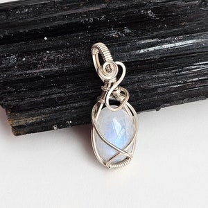 Moonstone necklace pendant wire wrapped in Sterling Silver high blue flash
