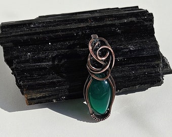 Green Onyx Necklace Pendant Wire Wrapped in Copper