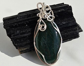 Bloodstone Necklace Pendant Wire Wrapped in Sterling Silver