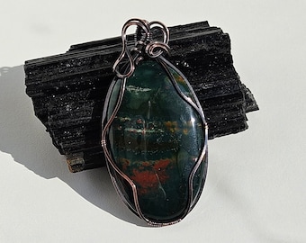 Bloodstone Necklace Pendant Wire Wrapped in Patina Copper