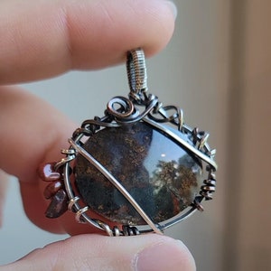 Indonesian Moss Agate Necklace Pendant Set in Copper and Sterling Silver