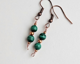 Malachite and copper  with copper hook earrings