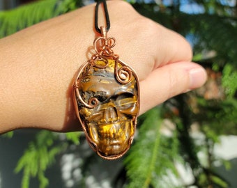 Tigers Eye Stone Skull Pendant set in Copper