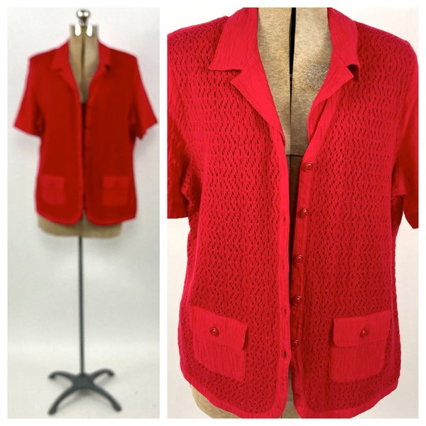 80s Bright Red Woven Tunic Crochet Pockets Oversized Cotton Blouse Top