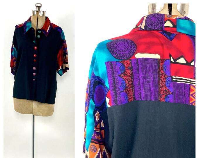 80s Black Bright Multi Color Abstract Oversized Blouse Southwest Chunky Button Dress Top