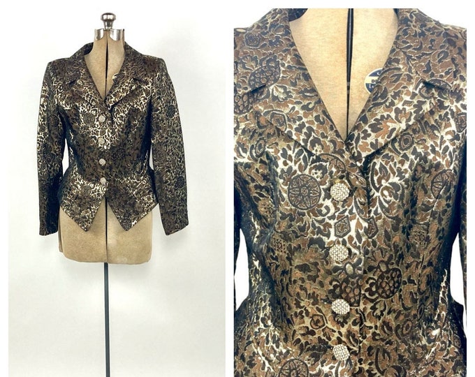 80s Gold Brocade Lame Blazer Rhinestone Metallic Designer Floral Fitted Jacket Glam Vintage Jacket S M