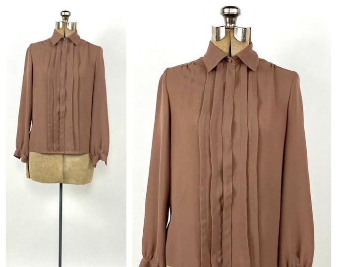 70s Brown Sheer Pintuck Blouse Vintage Secretary Minimalist Dress Top Button Up Shirt S M