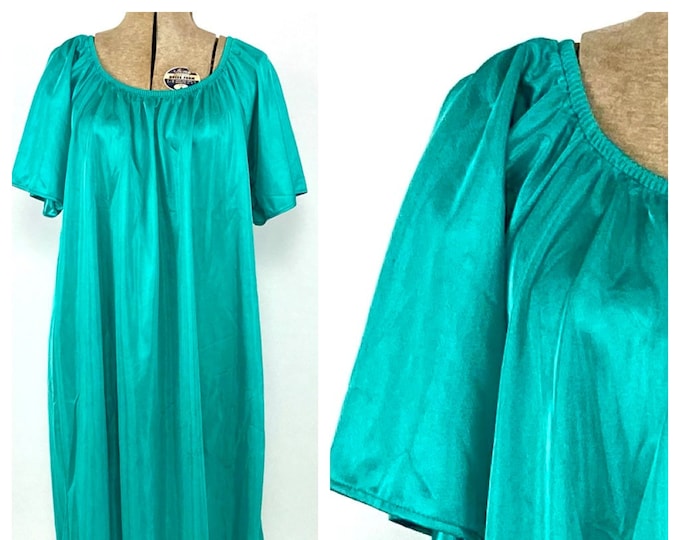 70s Emerald Green Grecian Goddess Mini Nightgown Dress Pleated Scoop Neck Tent Dress Boho Hippie Party Vintage Sundress Sun Dress S M L