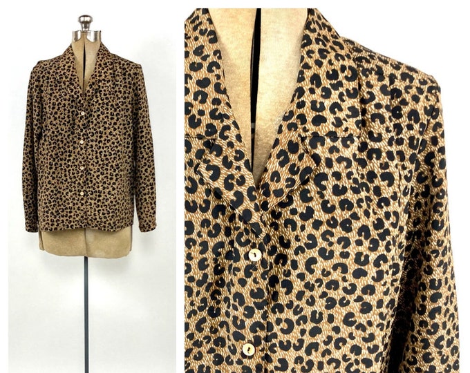 80s Brown Black Leopard Print Blouse Secretary Animal Print V Neck Button Up Vintage Dress Top S M