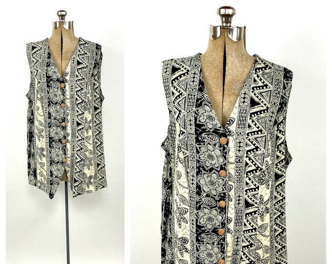 90s Black Cream Cotton Floral Long Vest Abstract Vintage Dress Sleeveless Top Festival Boho Hippie V Neck Tunic