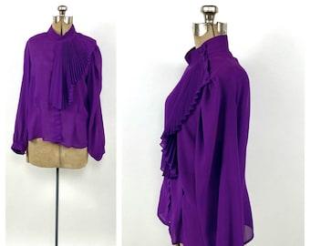 80s Bright Purple Blouse Sheer Origami Fan Draped Pleated Secretary High Neck Button Up Vintage Dress Top