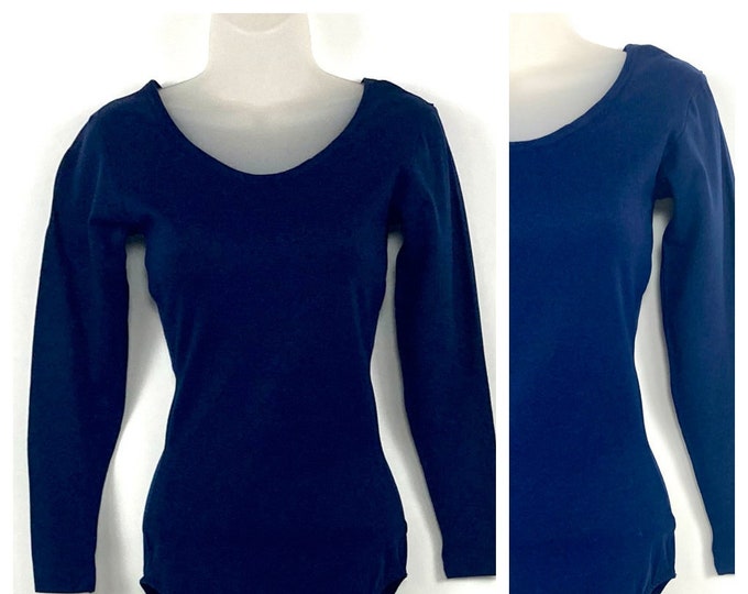 80s Navy Blue Low Scoop Neck Long Sleeve Bodysuit One Piece Cheeky Leotard Vintage Xs S M