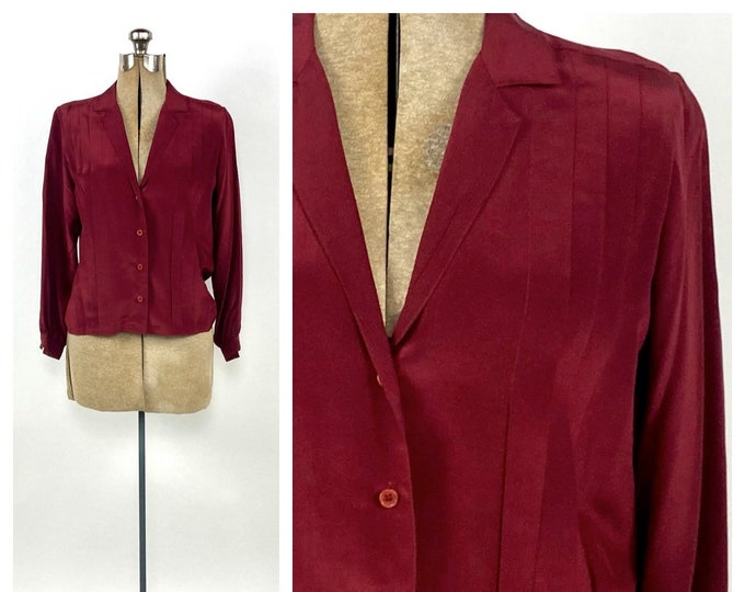 70s Red Burgundy Pintuck Silk Blouse Deep V Neck Button Up Vintage Dress Top