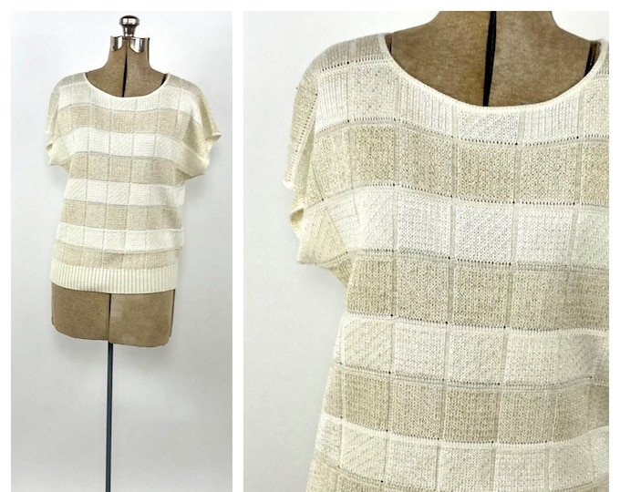 80s Cream Gold Checked Striped Knit Short Sleeve Sweater Metallic Dress Top