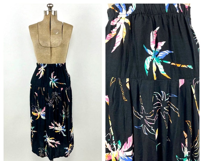 80s Black Bright Neon Tropical Palm Tree Print Midi Skirt Rainbow Vintage Dress Skirt