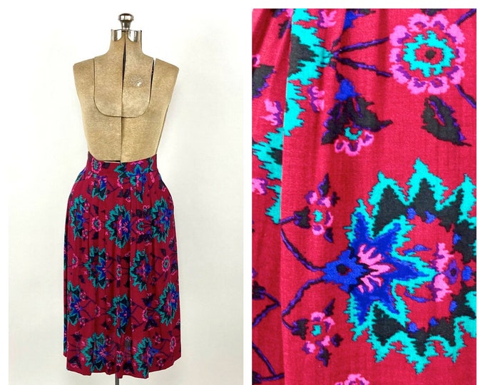 80s Red Floral Southwest Midi Skirt Pleated Pocket Vintage Dress Skirt