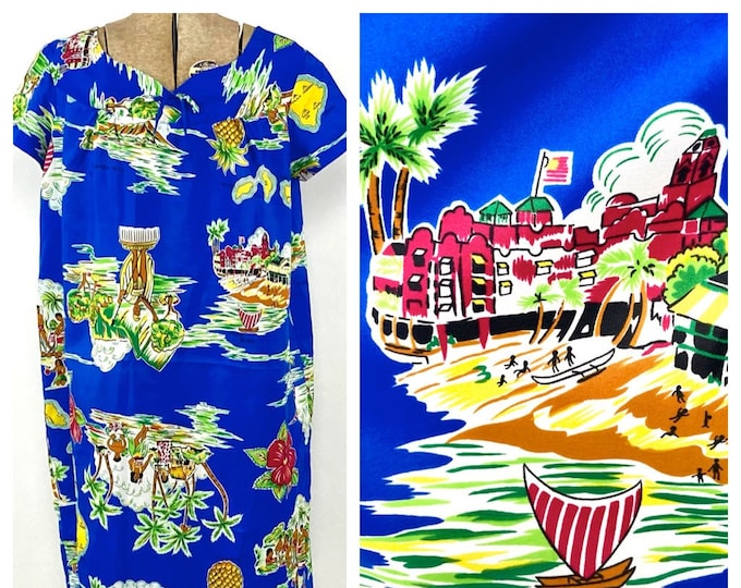 80s Blue Hawaiian Mini Dress Beach Print Tent Dress Boho Hippie Vacation Party Vintage Sundress Sun Dress Xs S