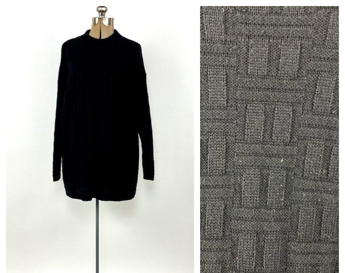 80s Black Checked Knit Oversized Sweater Boho Vintage Knit Sweater Dress Top S M L