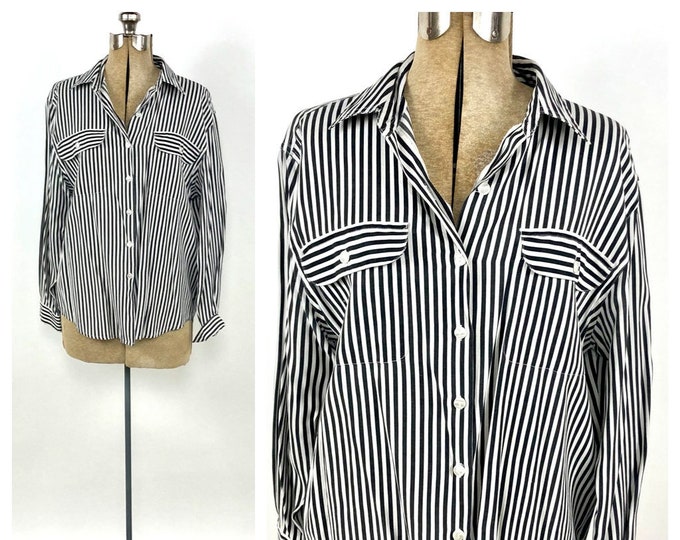 80s Black White Striped Shirt Oversized Button Up Blouse Pocket Long Dress Top