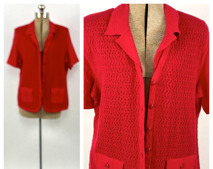 80s Bright Red Woven Tunic Crochet Pockets Oversized Cotton Blouse Top