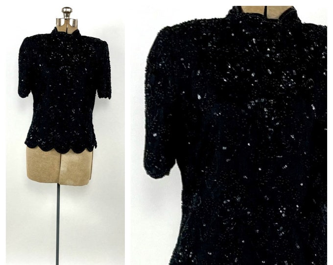 80s Black Lace Beaded Sequin Blouse Floral Blouse Scalloped Flapper Vintage Dress Top