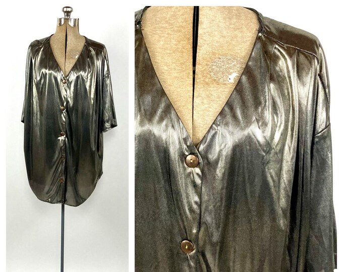 80s Gold Silver Lame Metallic Disco Tunic Vintage Button Up Dress Top Blouse Oversized