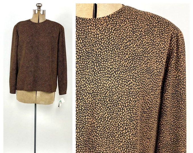 80s Brown Black Leopard Print Blouse Secretary Animal Print V Neck Button Up Speckled Vintage Dress Top S M