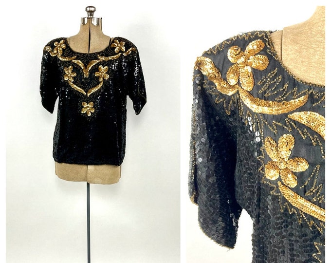 80s Black Gold Floral Sequin Beaded Silk Blouse Metallic Glam Disco Flapper Vintage Dress Top