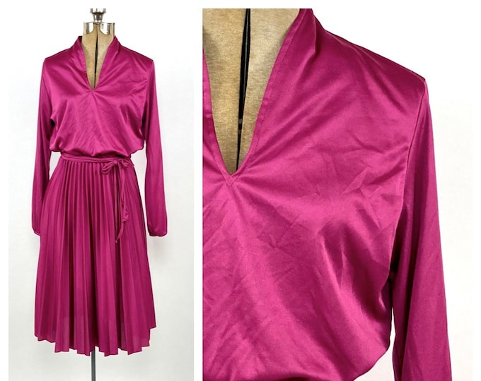 70s Fuschia Disco Long Sleeve Dress Pink V Neck Accordion Pleated Dress Blouson Grecian Secretary Dress Hippie Party Vintage Midi Dress Xs S