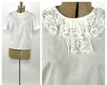 80s White Sheer Lace Bib Blouse Back Button Prairie Ruffle Dress Top Boho Hippie Secretary Vintage Top