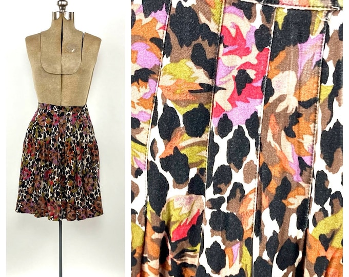 80s Brown Multi Mini Skirt Floral Leopard Animal Print Pleated Vintage Dress Skirt