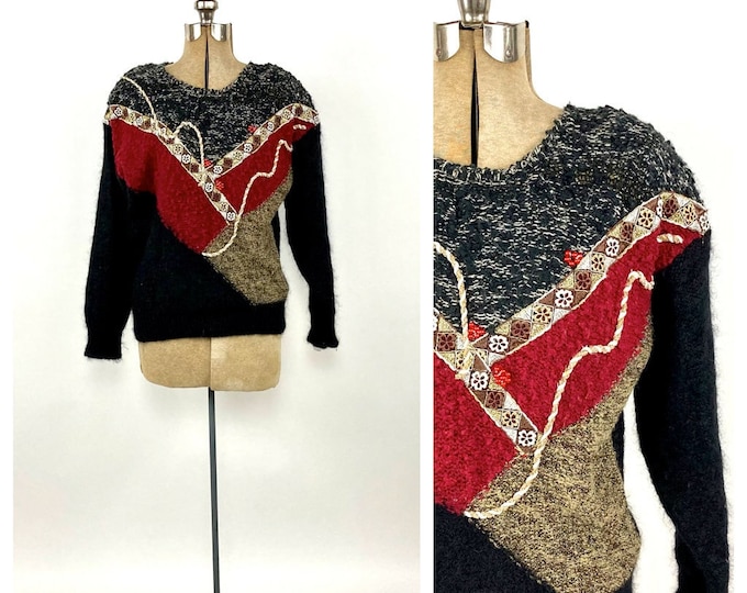 80s Black Red Gold Mohair Sweater Embellished Patchwork Embroidered Beaded Vintage Dress Top Sweater