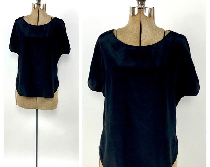 80s Black Silk Top Minimalist Top Blouse Dress Shirt Xs S