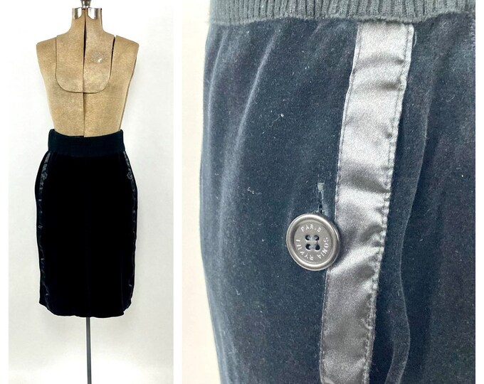 80s Black Velvet Skirt Pocket Striped Tuxedo Pencil Vintage Dress Skirt