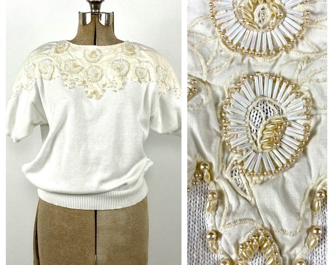 80s White Beaded Embroidered Floral Seashell Sweater Cream Cropped Knit Dress Top Vintage Novelty Top Xs S M